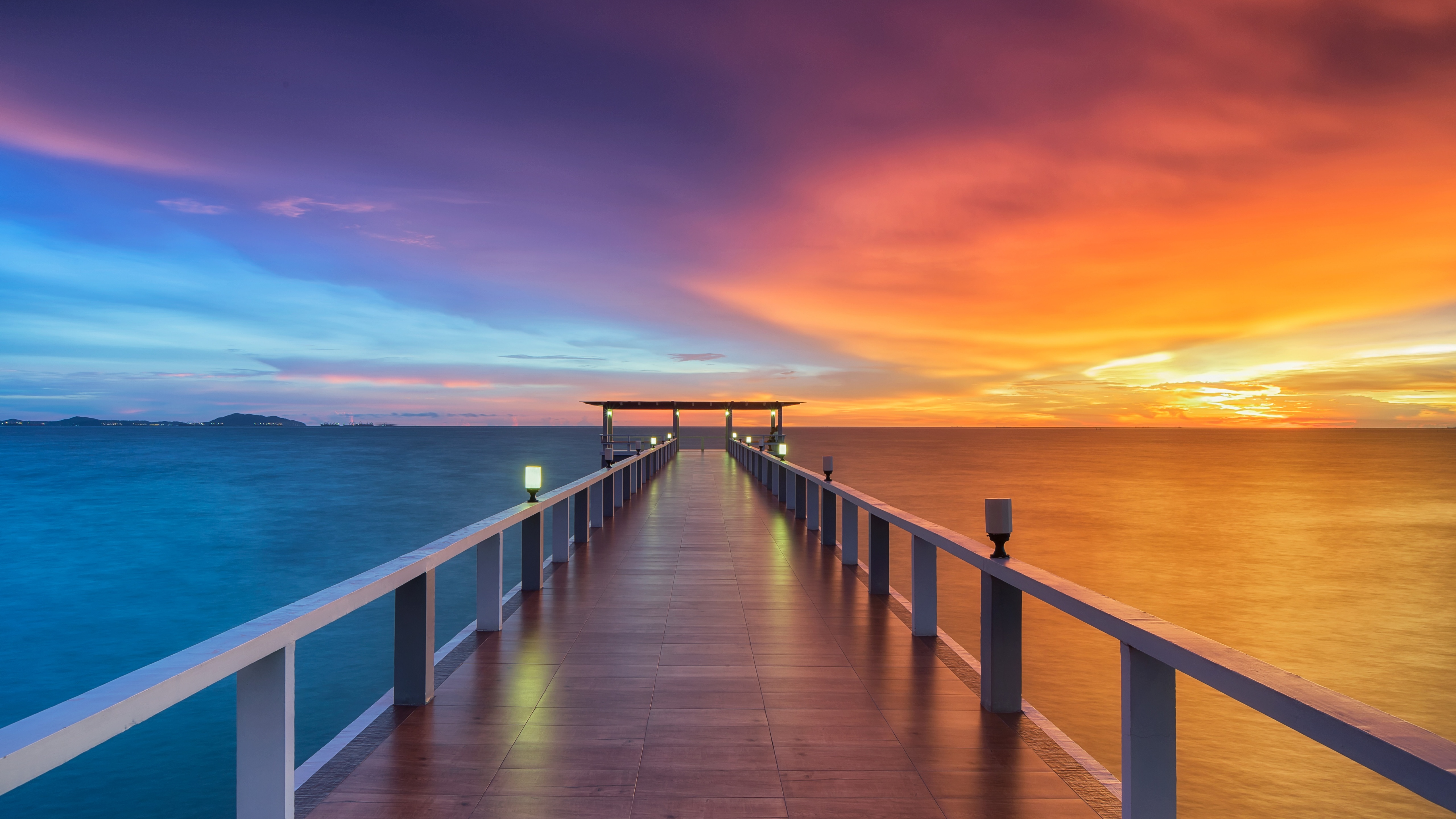 Wooden pier 4K Wallpaper, Sunset, Horizon, Resort, Dawn